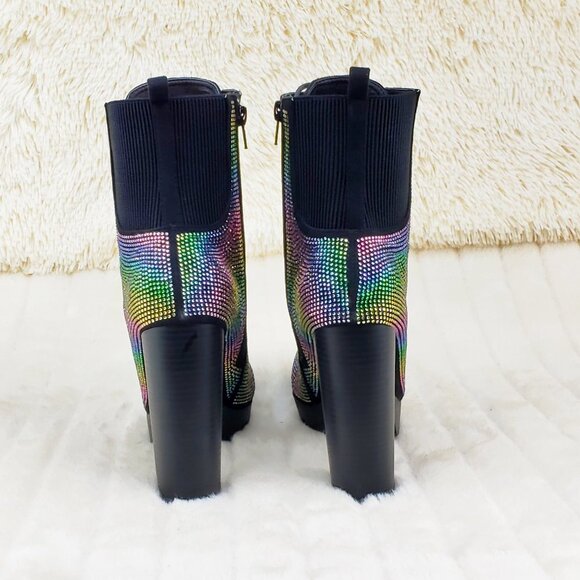 Rainbow Sparkle Rhinestone Chunky High Heel Ankle Boots - Picture 12 of 17